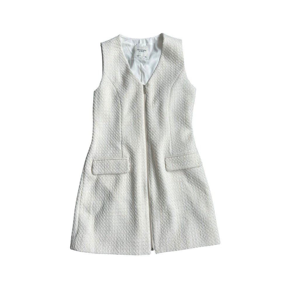 Abercrombie & Fitch White Tweed Full Zip Sleeveless Mini Dress XS V-Neck Pocket